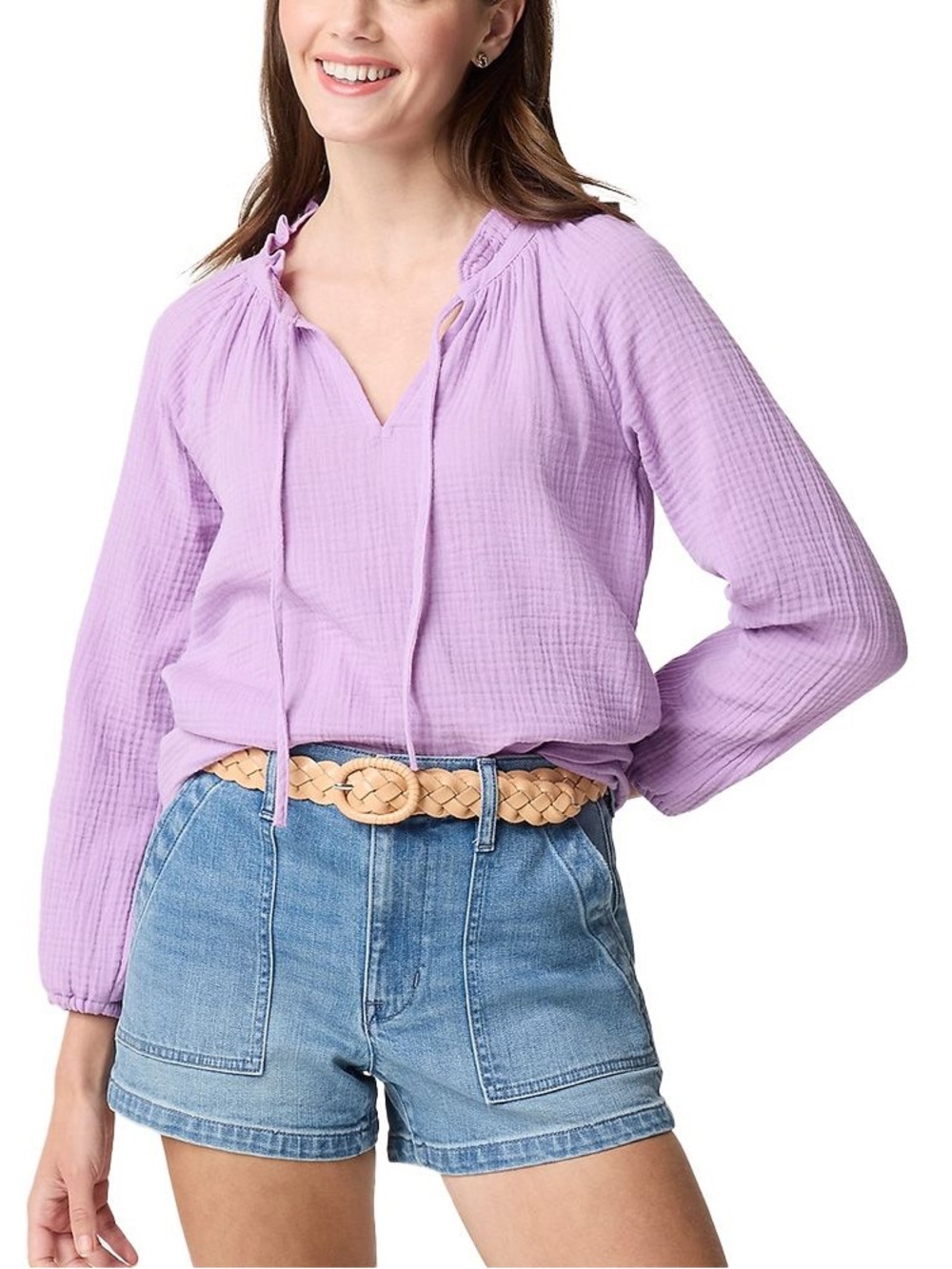 J. Crew Factory - Like New- Long-sleeve gauze tie-neck top -Bright Lilac- Size S